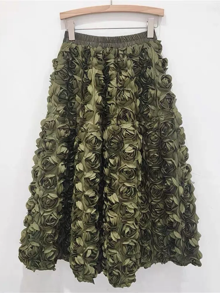 [EWQ] Fashion Casual 3D Flower Design Loose All-match Ball Gown Skirts High Waist Big Size Skirt Women 2025 Autumn New Tide O147