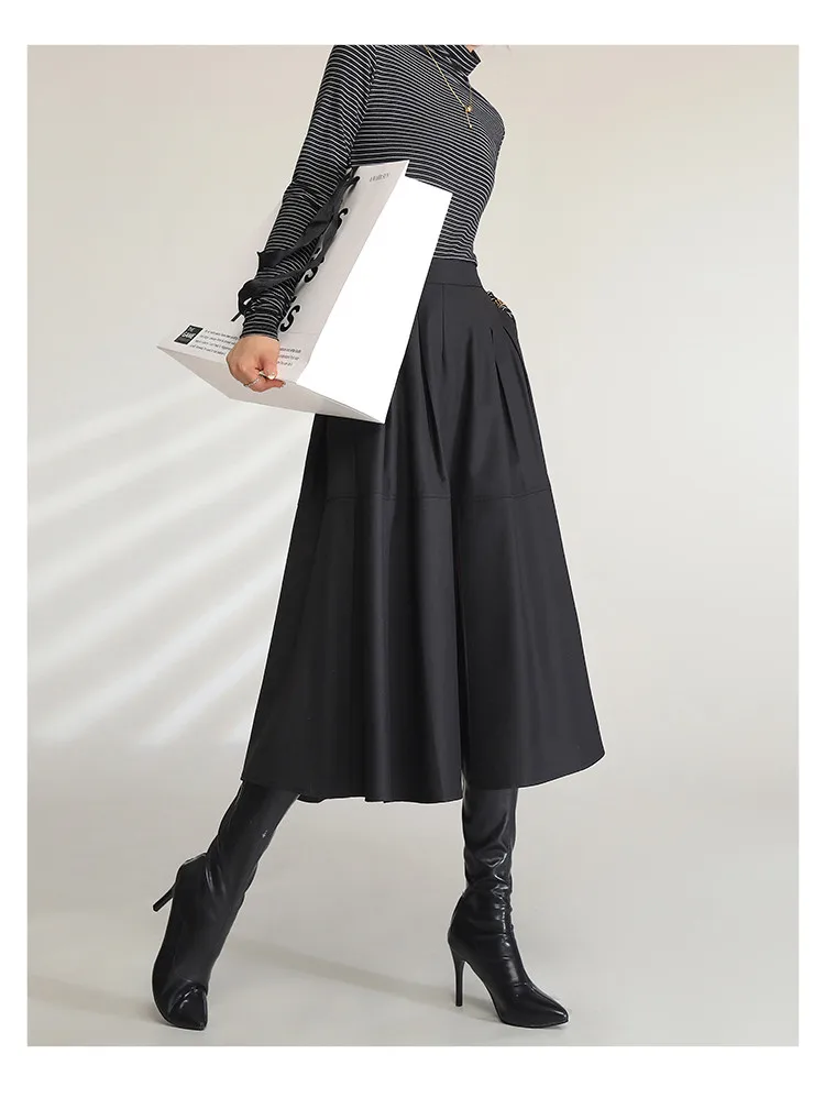 LOUIS YAO Women Elegant Black Midi Skirts 2024 High Waist Commuting Casual A Line Umbrella Long Skirt with Slit and Pockets