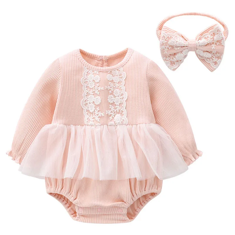 2Piece Sets Spring Autumn Bodysuit Newborn Girls Clothes Korean Cute Flowers Lace Princess Jumpsuits+Hairband Baby Items B291