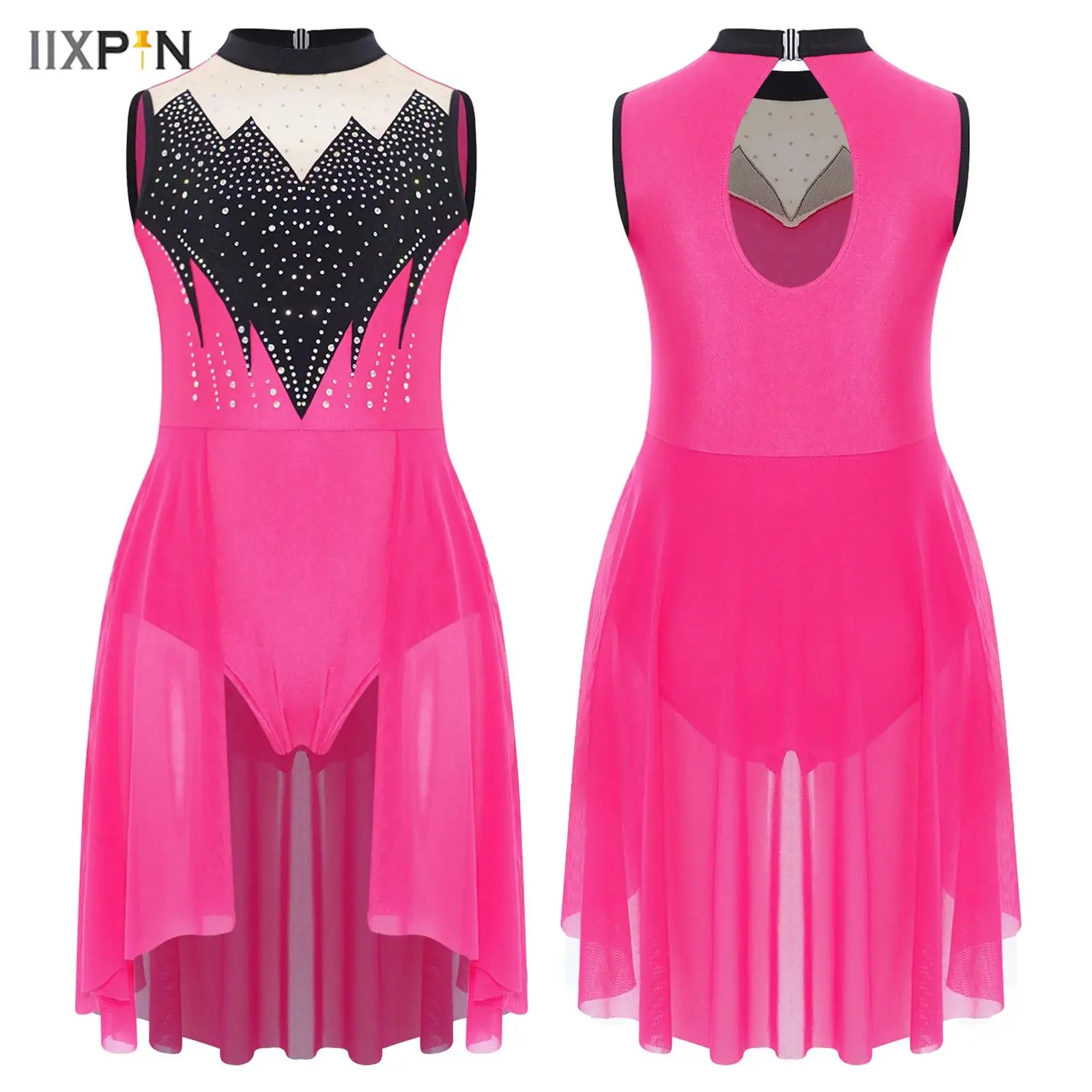 

Kids Girls Lyrical Dance Leotard Dress Rhinestones Sleeveless Mesh Overlay Crotch Press Buttons Jumpsuit Figure Skating Dress