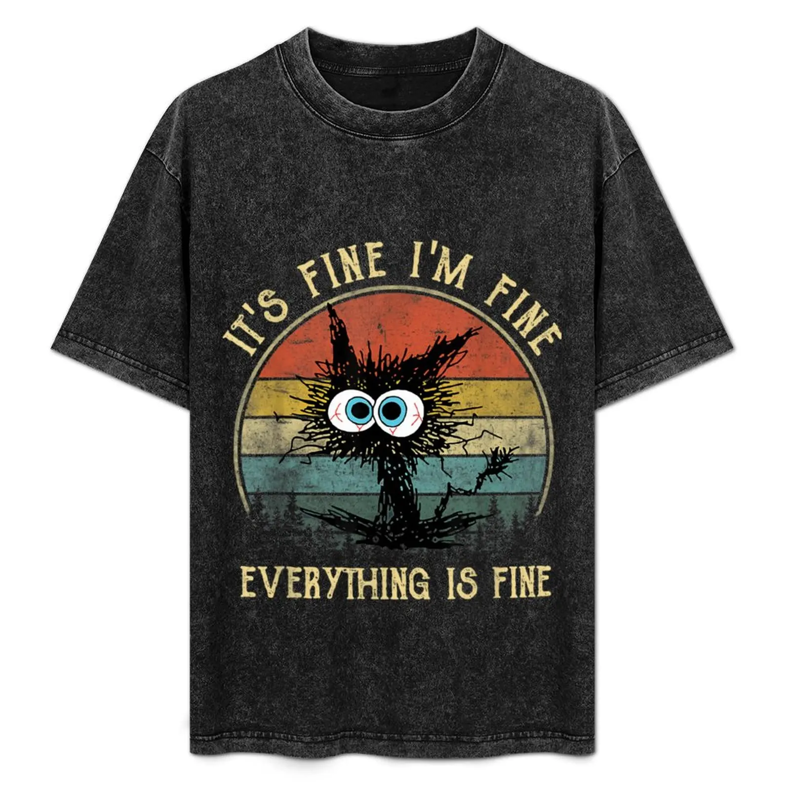 

it's fine i'm fine everything is fine funny black cat T-Shirt rapper graphic tees plain black t shirts men