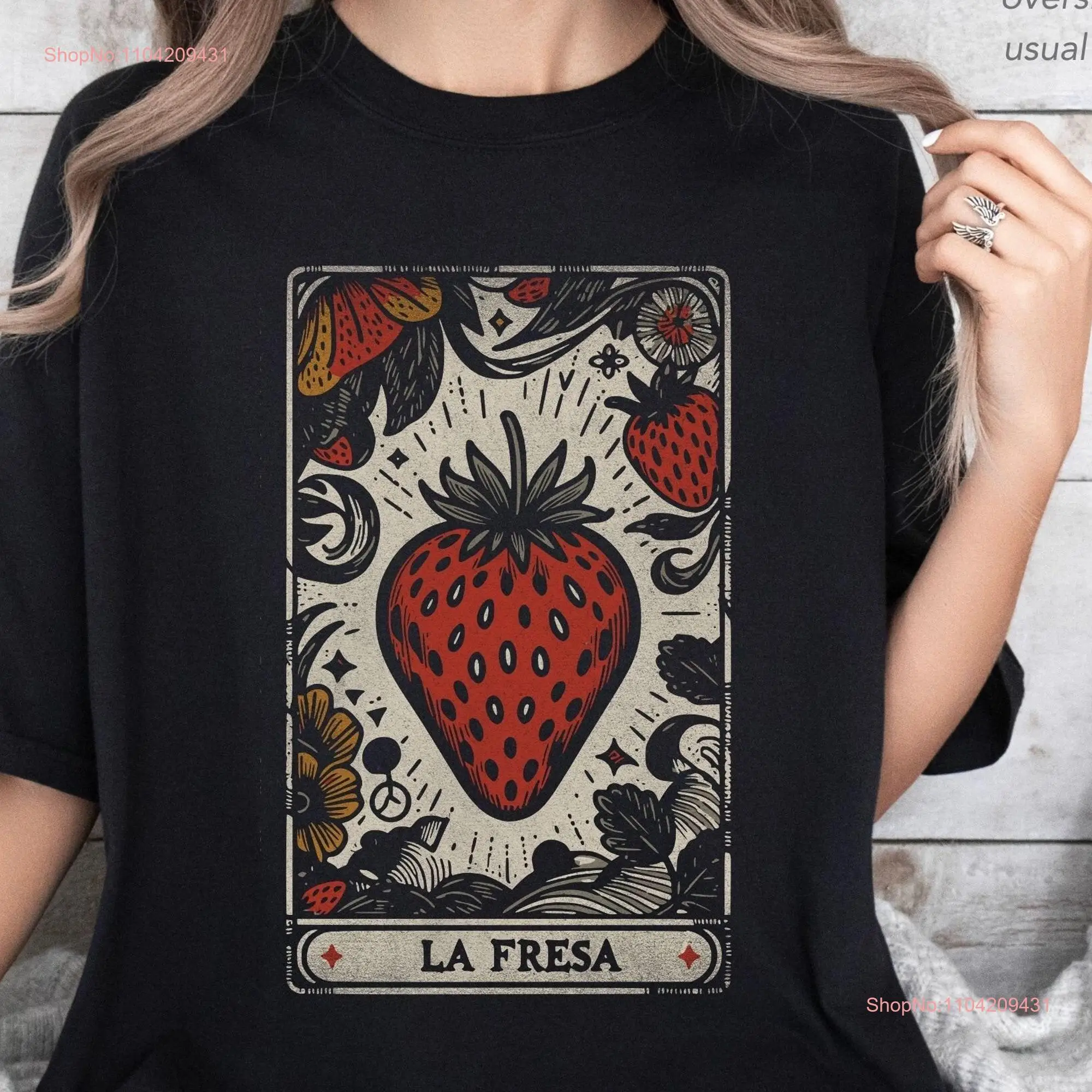 Botanical Tarot Card Strawberry T Shirt Trendy Aesthetic Boho for Spanish ESL Teacher long or short sleeves