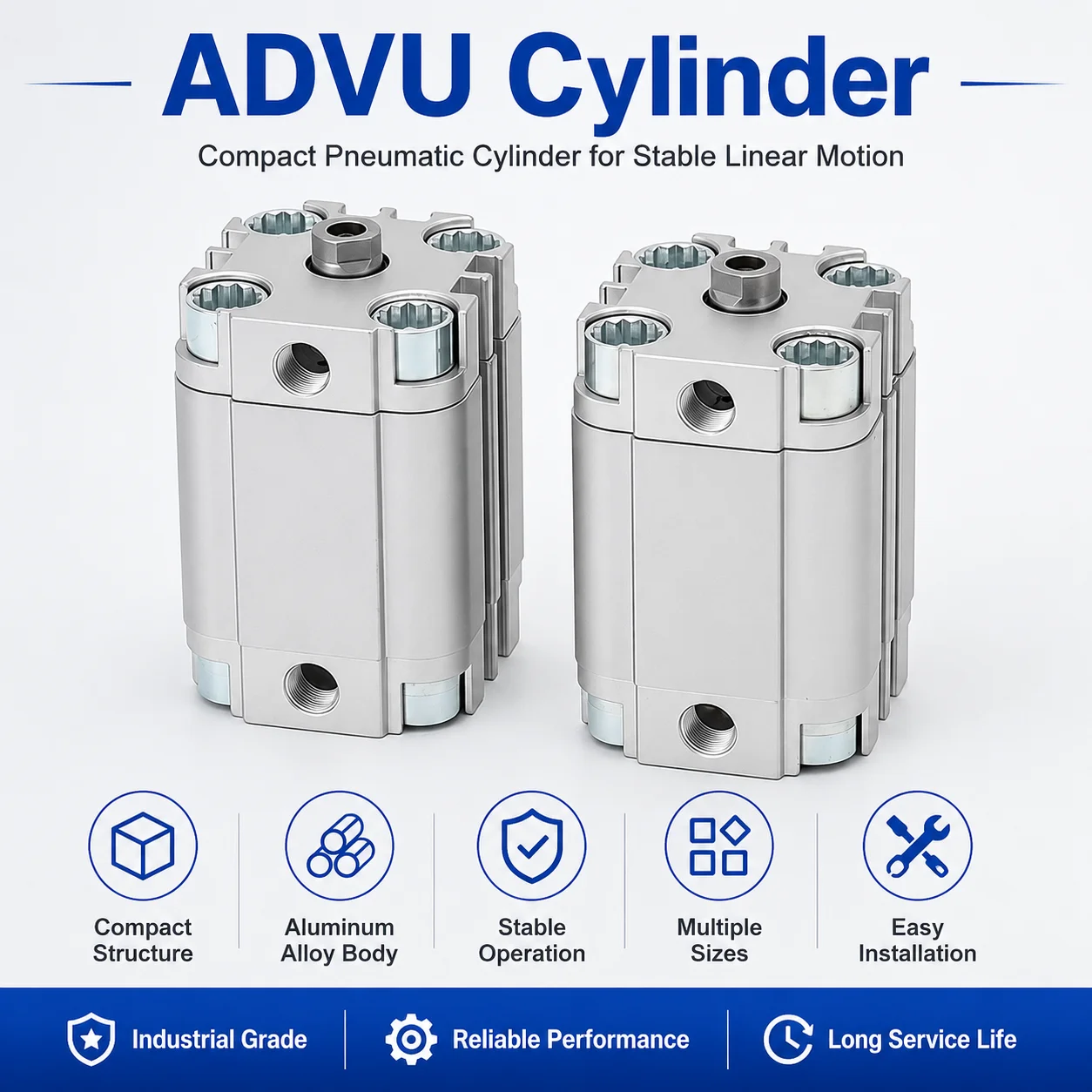 ADVU Compact Pneumatic Cylinder Double Acting Air Cylinder Aluminum Alloy ADVU-12/16/20/25/32/40/50/63 Bore 5mm-200mm Stroke-P-A