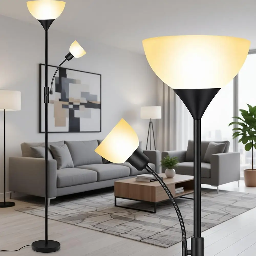 

Торшер, напольная лампа, торшер-фонарь с регулируемой лампой для чтения, высокие напольные лампы (71 дюйм), 3-позиционный выключатель, пластиковый плафон