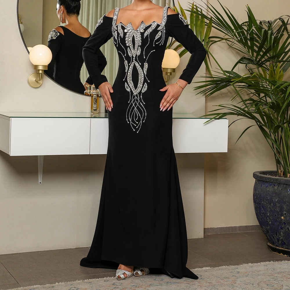 

Customized A-line Evening Dresses Floor-length V-neck Full Sleeve Prom Gown Fashion Crystal Simple Draped Exquisite Party Gown