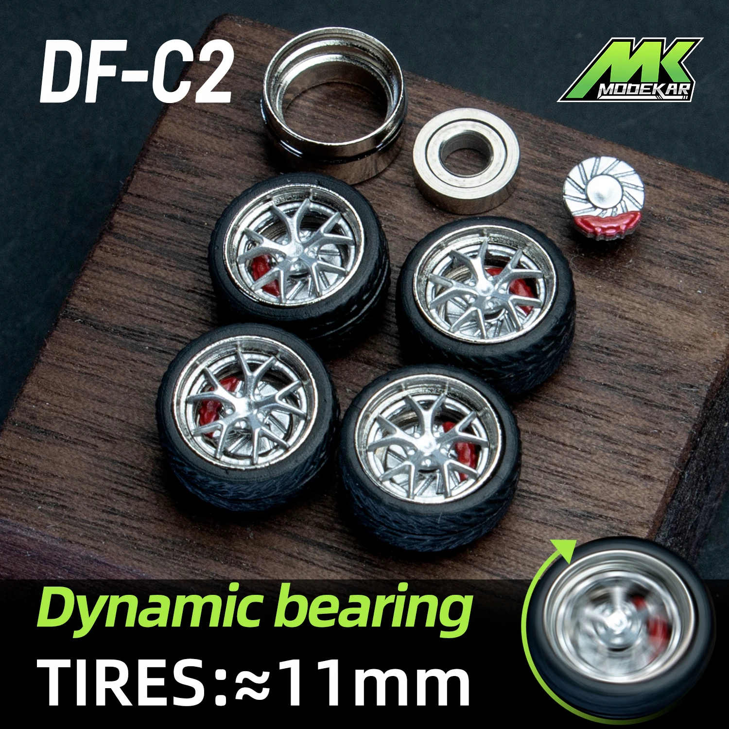 1/64 Scale Car Model Dynamic Bearing Wheels with Rotary Disc Brake Calipers Metal Wheels Modified Rubber Tires for Collectible