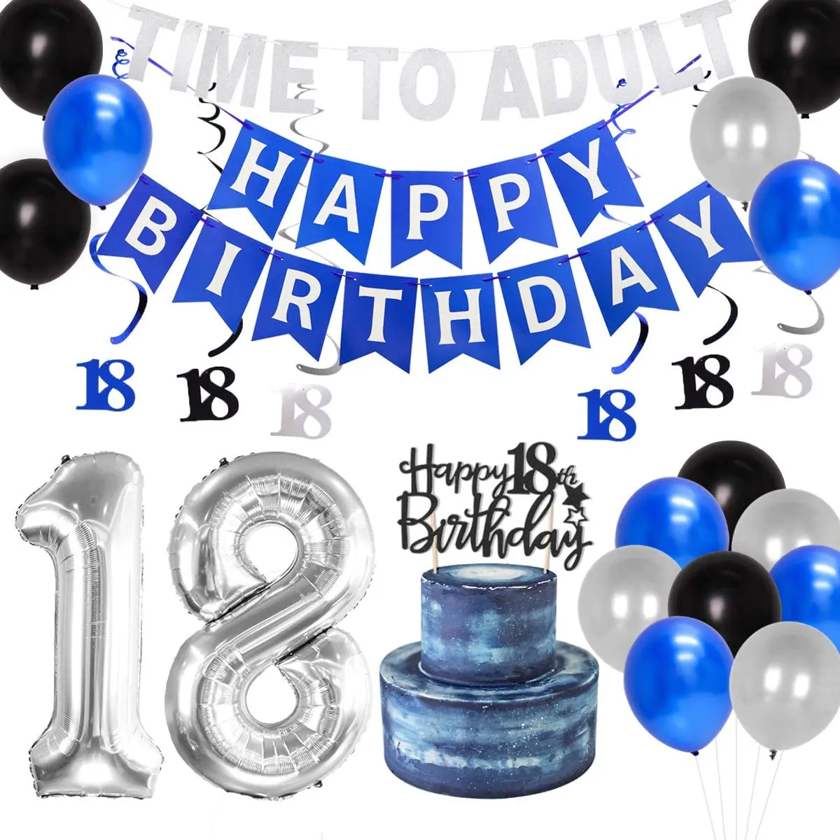 18th Birthday Party Decorations Blue Time To Adult Banner for Girls Boys 18 Year Old Birthday Supplies Number 18 Foil Balloon