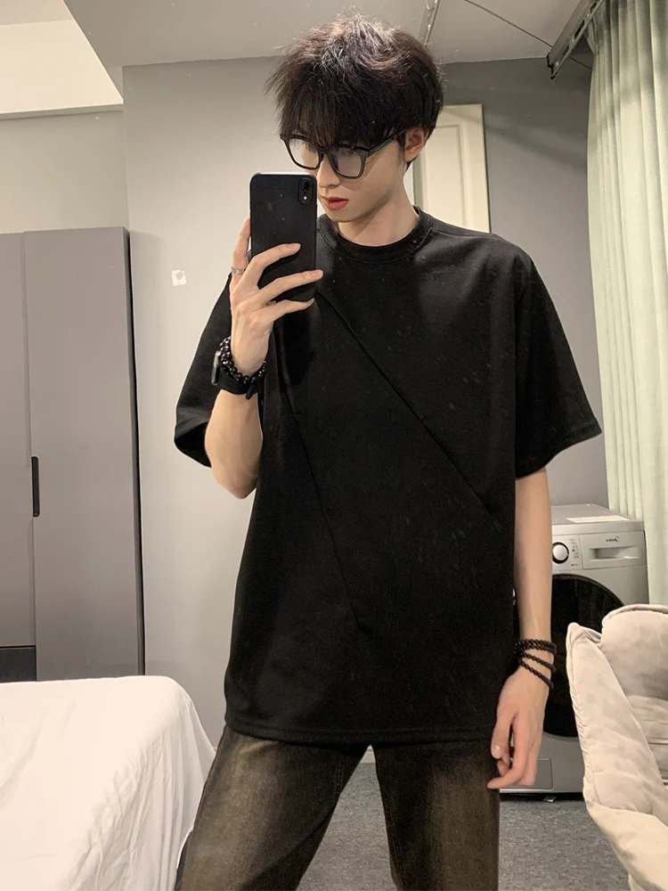 

American Sle Boxy ort Sve T-irt Men's Summer Bla Deconstructed Design High-End Feelings oulder-Length Top