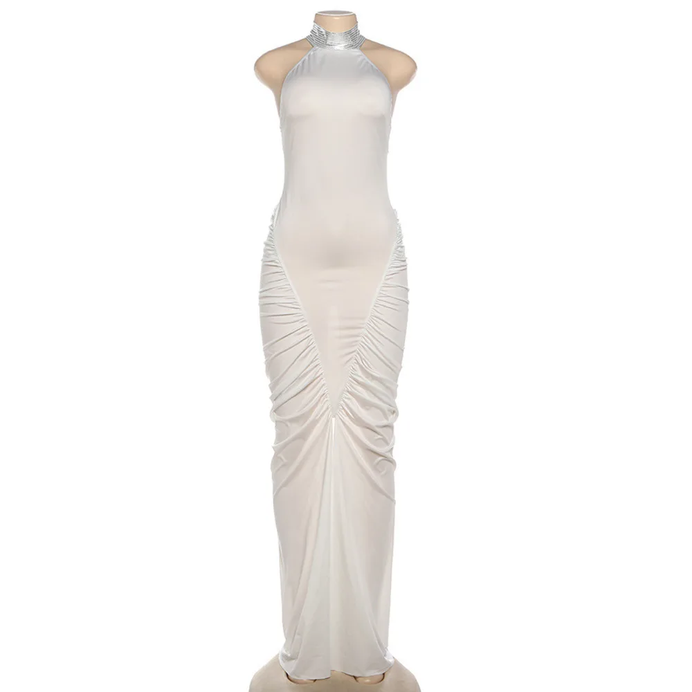 Blifanbo moda Halter espalda descubierta Sexy Maxi vestido elegante plisado cintura alta Split ceñido al cuerpo fuera del hombro Club vestido de fiesta