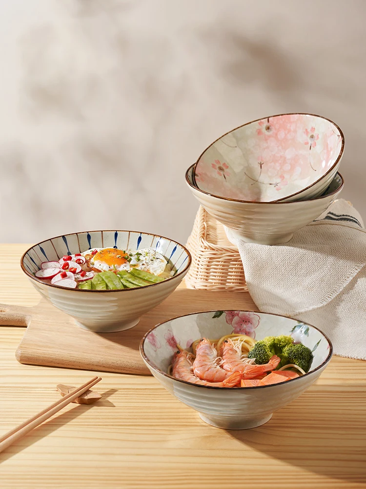 Japanese Ceramic Noodle Bowl Household Printing Ramen Bowl Delicate Soup Bowl Fruit Vegetable Salad Deep Plate Tableware