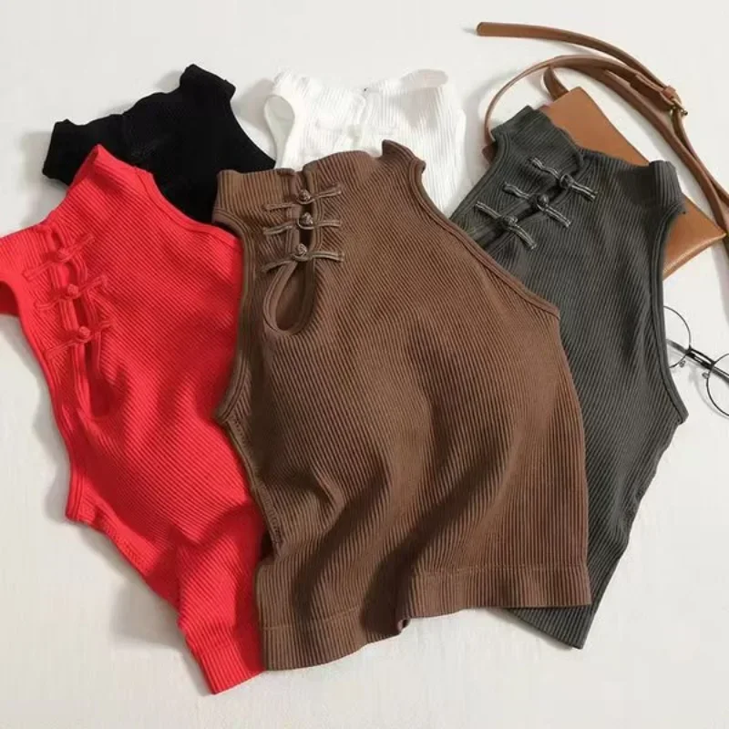 ผู้หญิง Slim ปุ่มจีน Tank Top กับ Bra Pad O-คอปิดไหล่ Camis เซ็กซี่ Crop Top All-Match