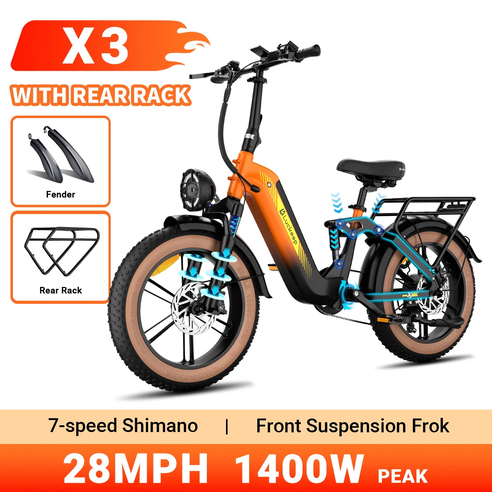 

Luckeep X3 Electric Bike for Adults 1400W Peak,15AH 28MPH 70Miles Ebike, 20" Fat Tire Full Suspension Adult Electric Bicycles
