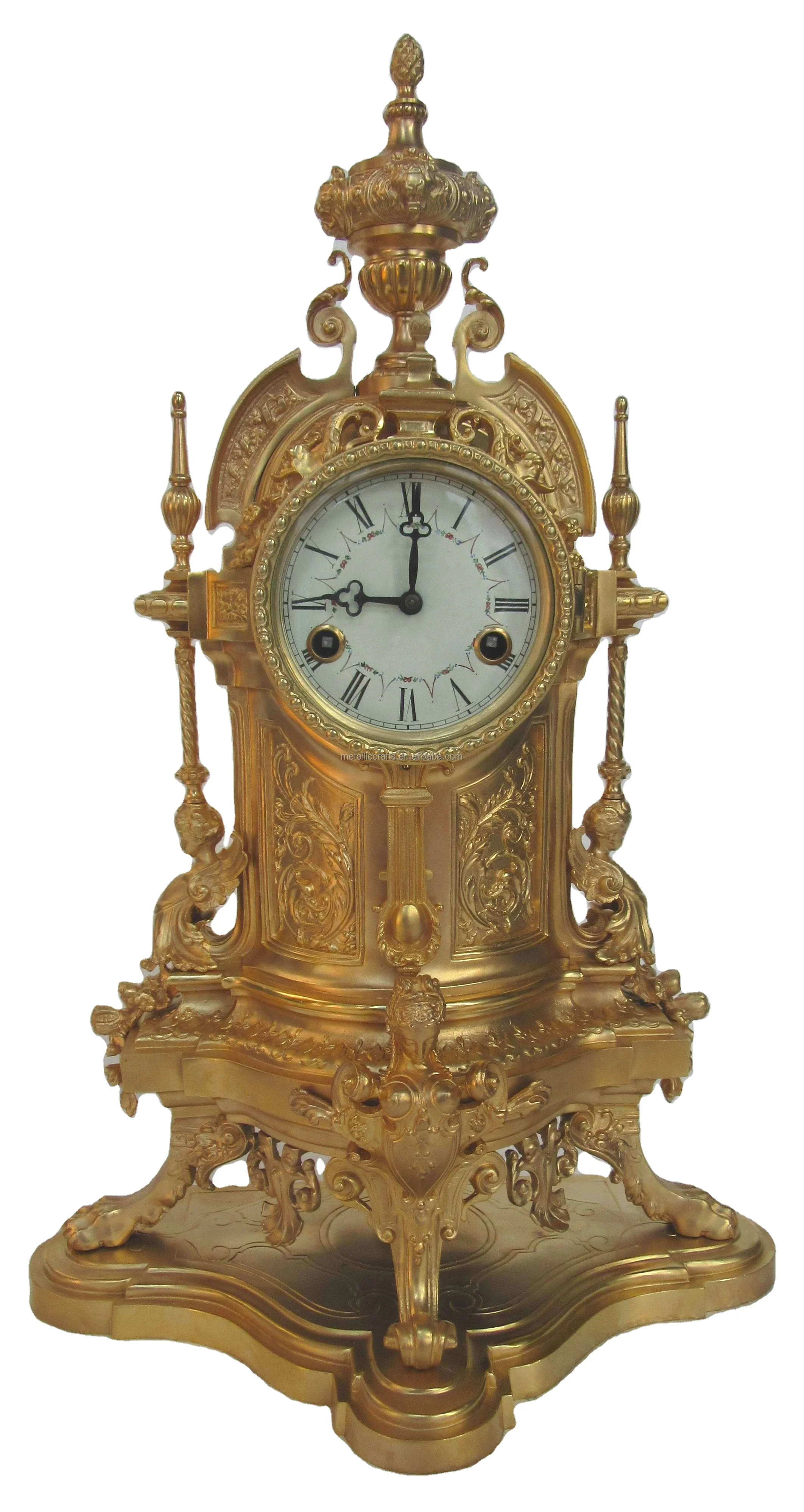 النمط الفرنسي العتيقة مطلية بالذهب مثلث العمارة النحاس 10 أيام آلية رف ضرب الجدول/ساعة أرضية للتجميع