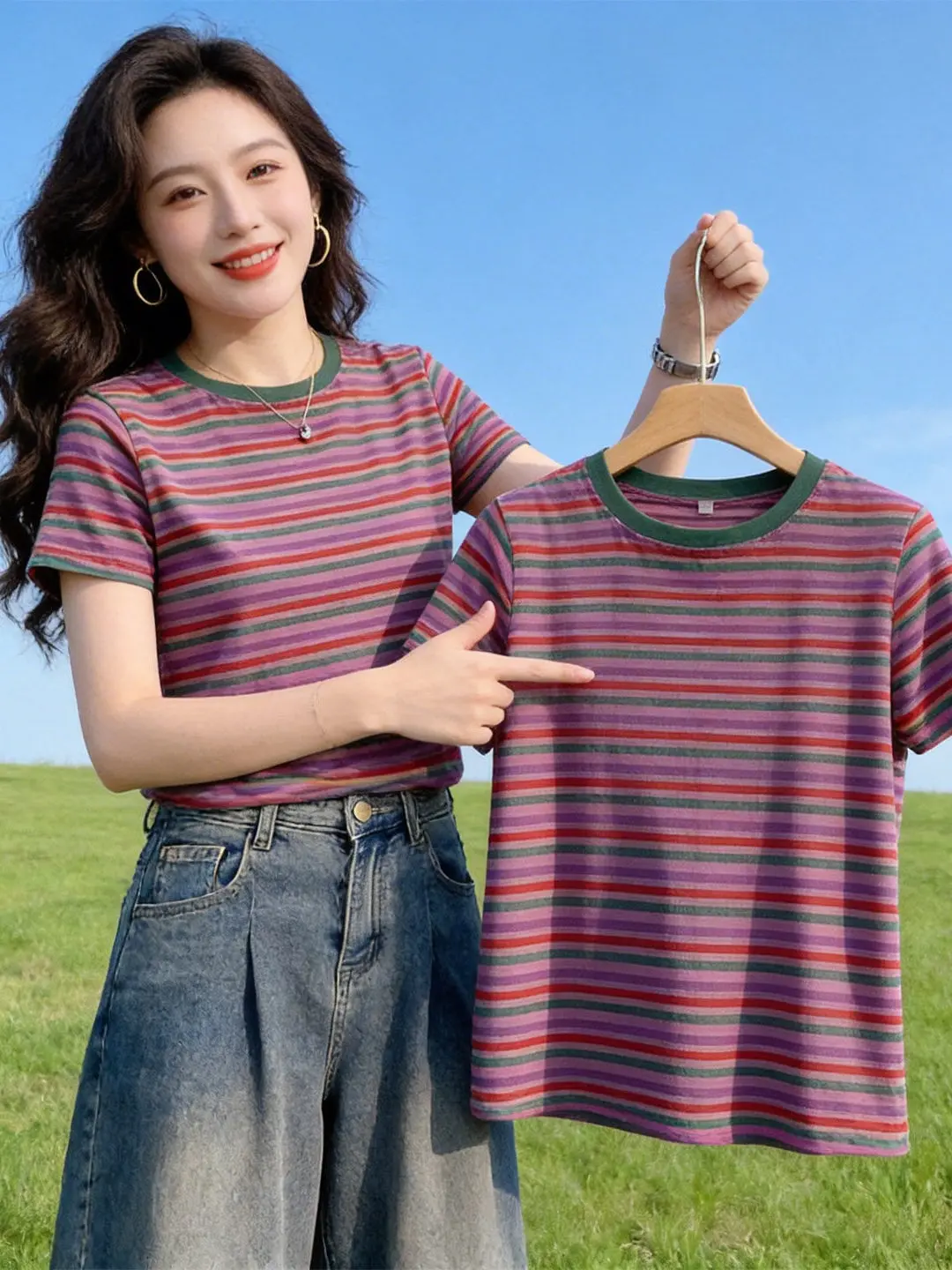 

Свободная полосатая футболка с коротким рукавом для женщин, летняя, приталенная, с круглым вырезом, привлекательный топ, новинка 2026 года, универсальная модель, не стареющая с годами
