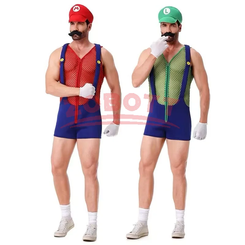 Anime Luigi Bros Cosplay Kostüm Rot-Blauer Hohler Overall Jumpsuit Kostüm Karnevalsparty-Verkleidung Klempner Lustiger Einteiler