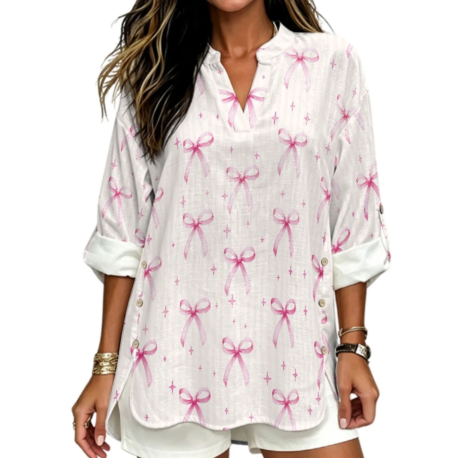 PENSTROLL Pink Bow Tie Stars Linen Like Casual Blouses Roll up Women's Long Sleeve Tops for Workout Sizes S-5XL view 2