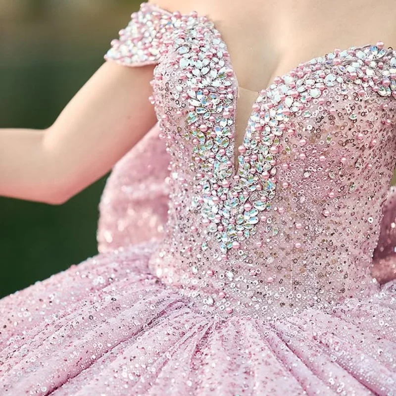 

Блестящее розовое платье Quinceanera с блестками и кристаллами, наклейка с длинным хвостом и бантом, Vestidos De 15, Quinceanera ﻿ Настроить