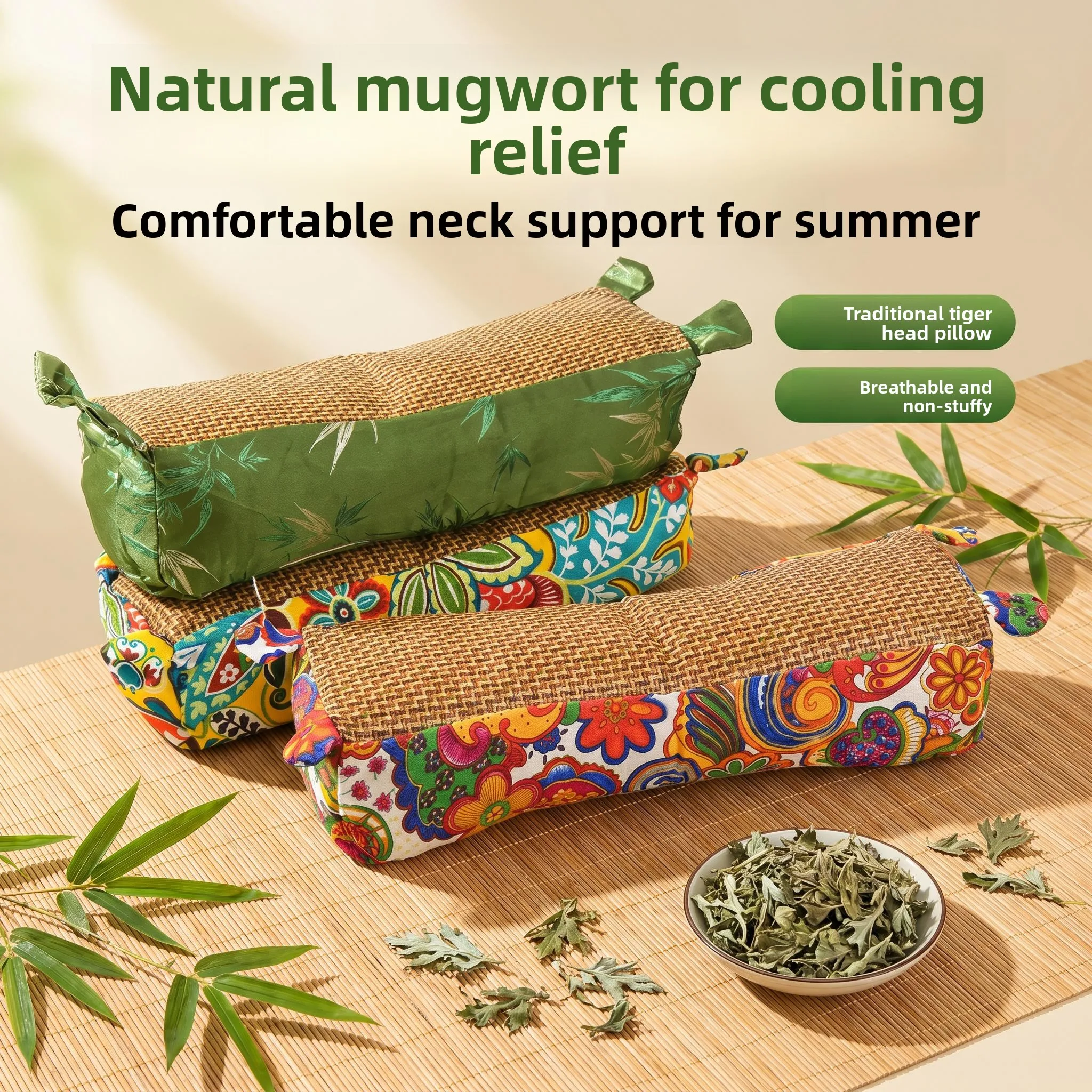 

Mugwort Pillow Cooling Sensation Sleep Aid Neck Support Ice Vine Fabric Handmade Rectangular Pillow for Neck Pain Relief