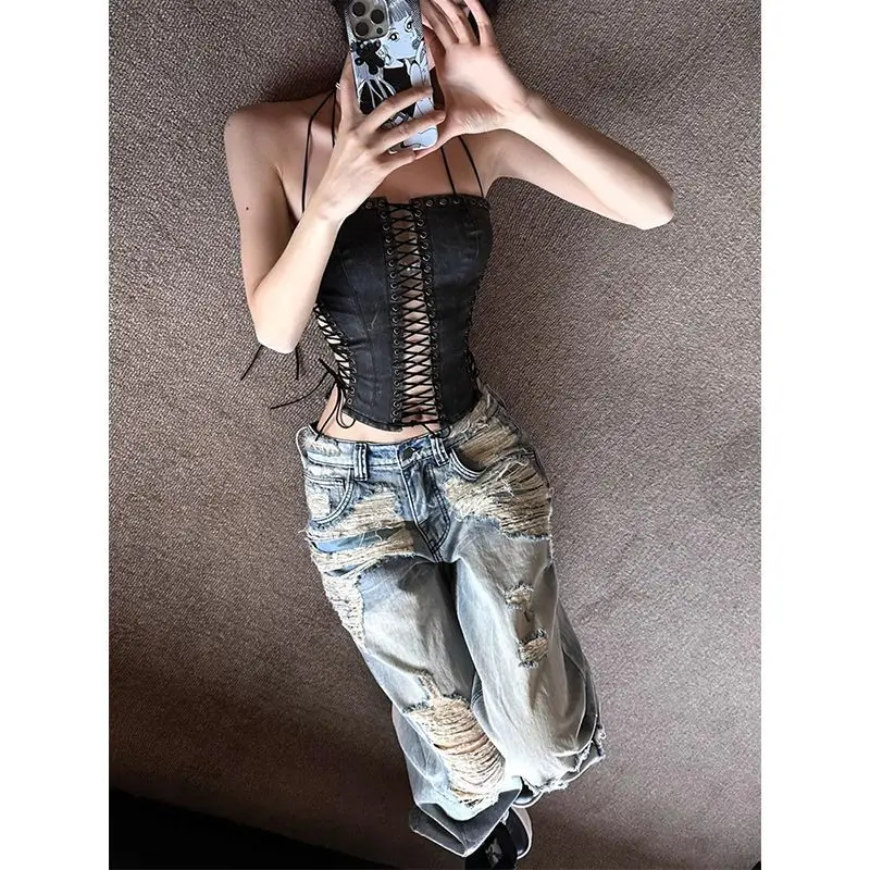 Damskie jeansy vintage z przetarciami w stylu amerykańskim High Street na rok 2025, nowe, z niskim stanem, retro, proste nogawki, spodnie do ziemi, odzież damska.
