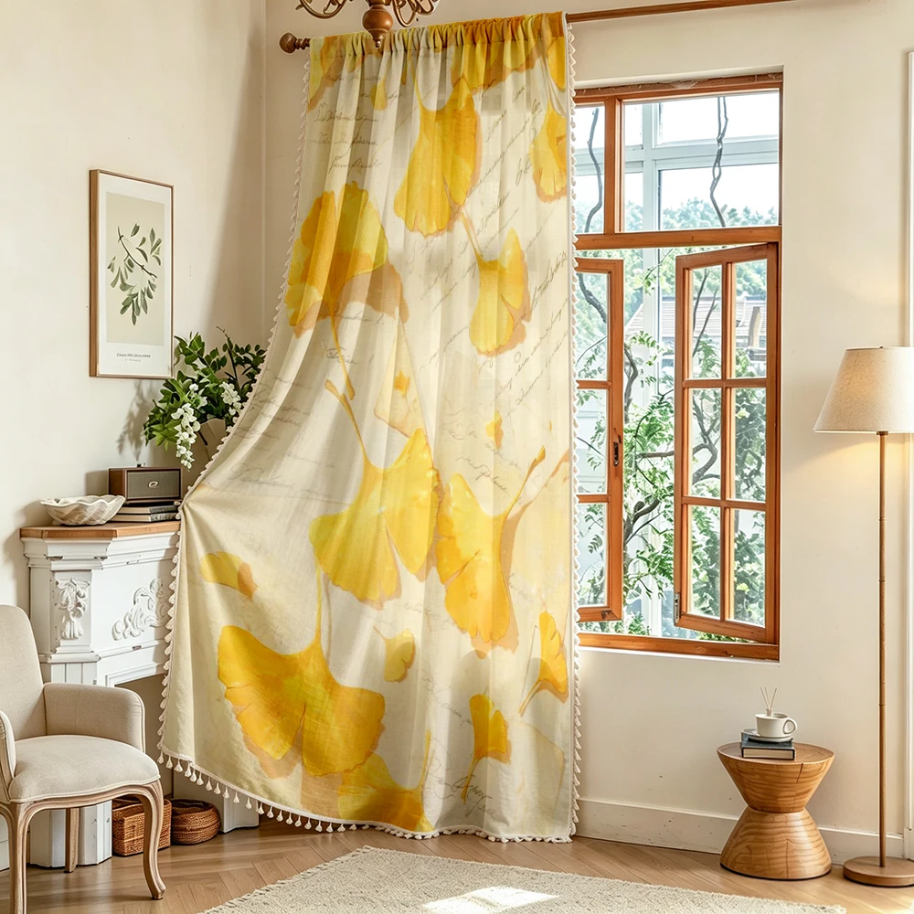 1PC Floral Tassel Sheer Curtains, Golden Ginkgo Leaf, Digital Print, Linen Polyester, Bedroom Living Room, Rod Pocket Decor