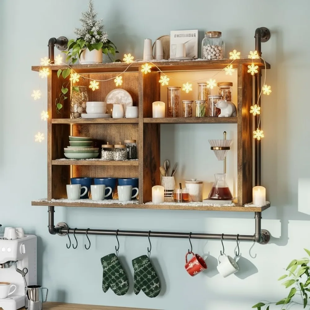

4-Tier Industrial Pipe Shelving, 37.4" Kitchen Shelf with LED Light, Floating Shelves with 8 S-Hooks for Kitchen, Living Room,