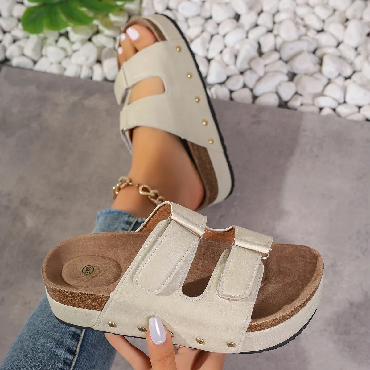 Women Platform Slippers Summer Cork Heels Sandals 2024 New Women Fashion Suede Arch Support Couple Open Toe Beach Slides Women