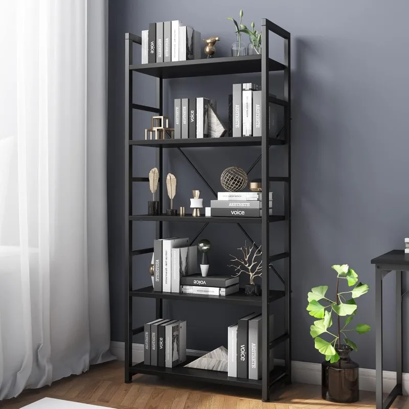 Bookshelf Black, 5 Tier Shelving Unit Tall Book Shelf, Wood Bookcase with Open Shelves, Industrial Standing Storage Bookshelves