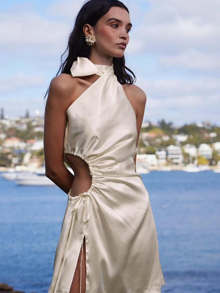 Fantoye satén Sexy un hombro ahuecado arco mujeres vestido albaricoque sin mangas vestido con cordones verano ajustado elegante vestido de fiesta Club