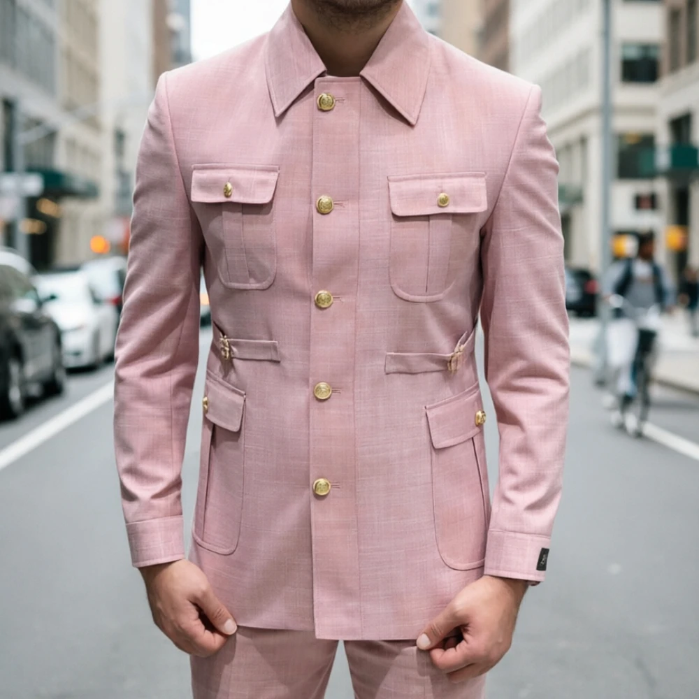

Safari Fashion Suits Pink Grid Texture Suit with Gold Buttons Slim Fit Tailored Blazer Pants for Men Party Prom Wedding 2 Pcs