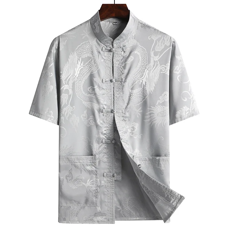 

Plus Size 3XL Men Tang Suit Top Chinese Style Men Shirt Coat Vintage Print Dragon Short Sleeve Blouse Summer Casual Satin Coat