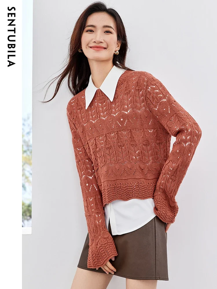 Sentrubila-Pull évidé pour femme, col rond, manches longues, haut en tricot tempérament, pulls élégants, mode automne, 2023, W33E52449