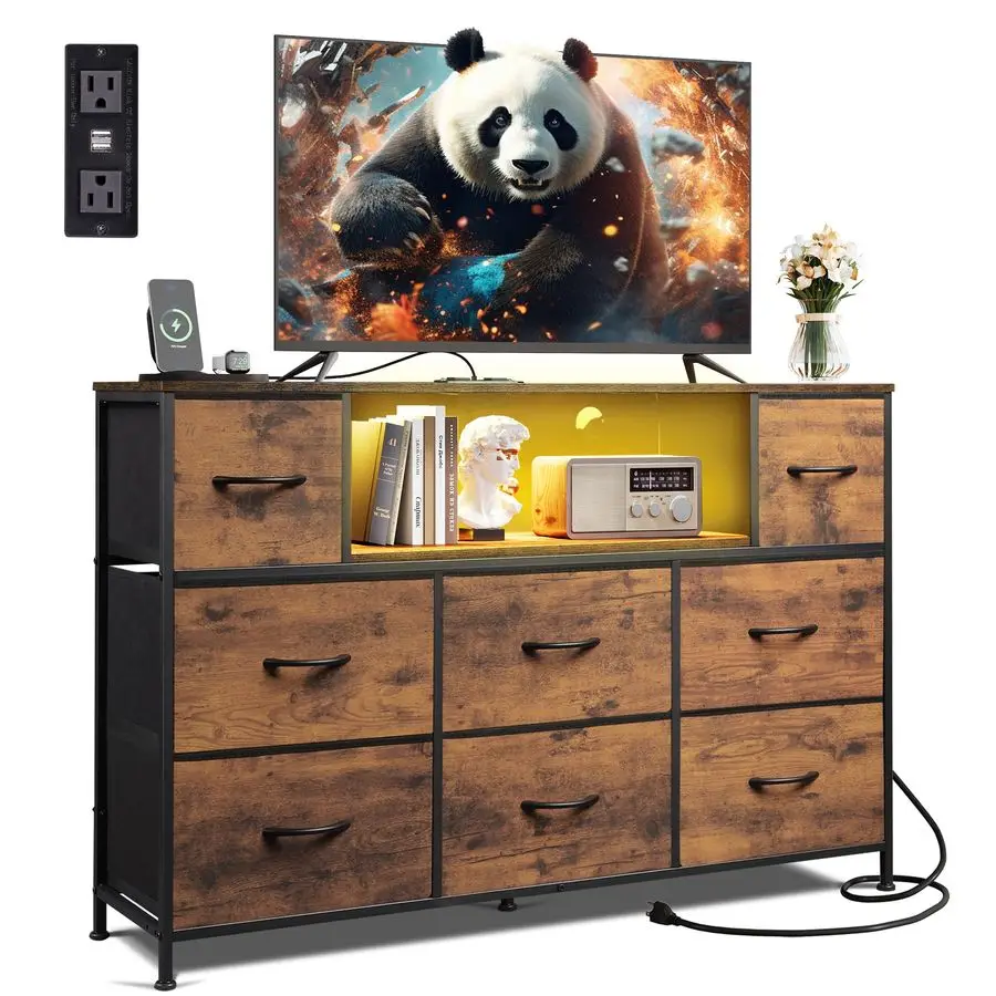 

Dresser TV Stand for 45, 50, 55 inch TV, Entertainment Center with LED Lights Charging Station, Chest of Drawers with 8 Fabric