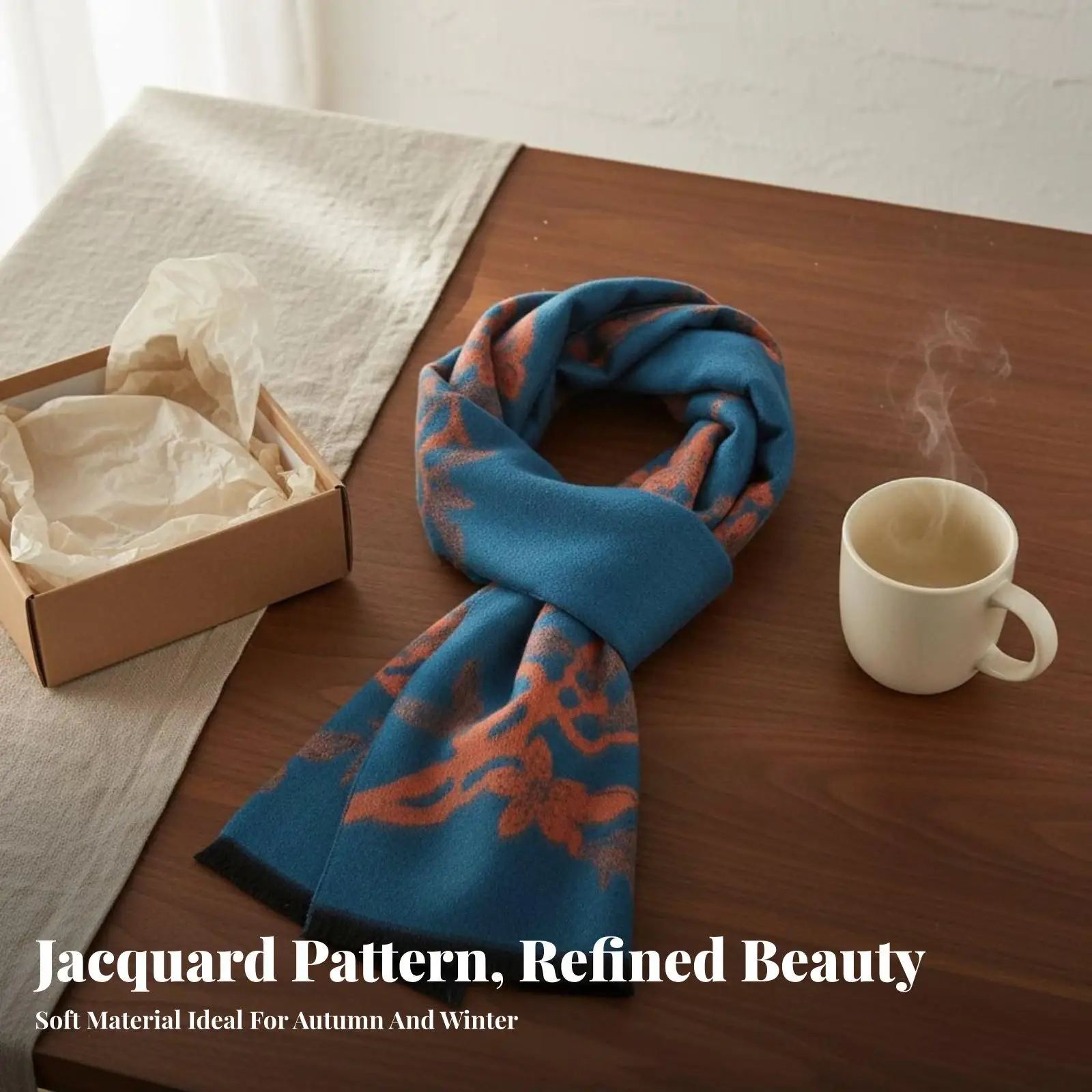 Jacquard Floral Scarf Great Gift Women's Warm Scarf Soft Touch Fringed Flower Pattern Wrap for Mom, Grandma, Autumn, Cold