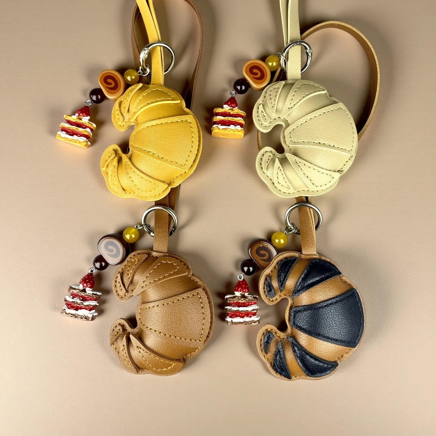 Realistic PU Leather Croissant Bag Charm Set-Cute Pastry Keychain with Swiss Roll/Napoleon Dessert Pendant, Trendy Purse Charm
