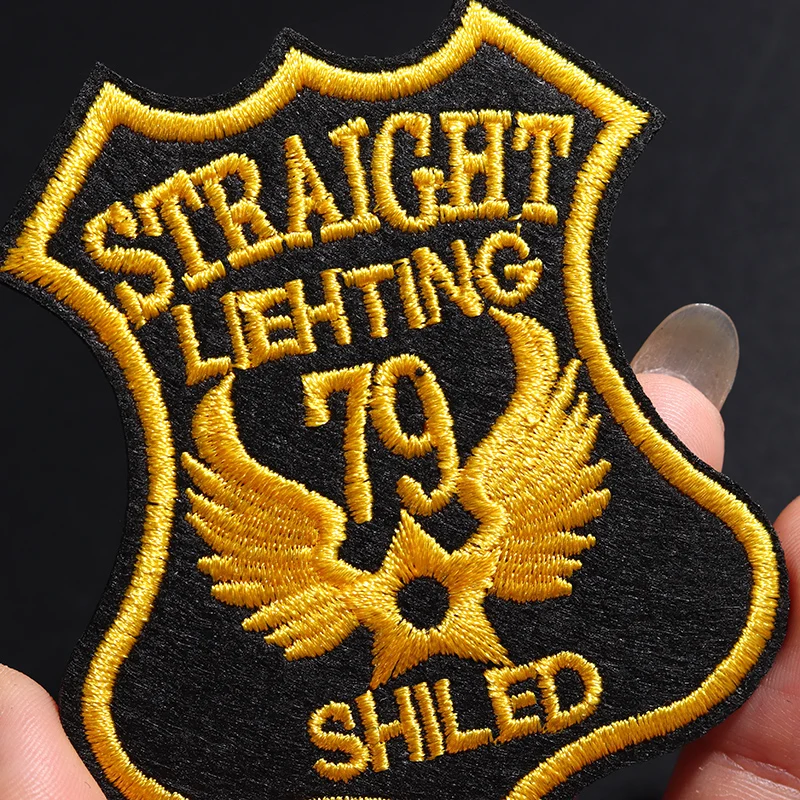 Golden Badge Size:7.8x6.5cm Iron On Cloth straight liehting shled Embroidered Applique Sewing Clothes Apparel Accessories