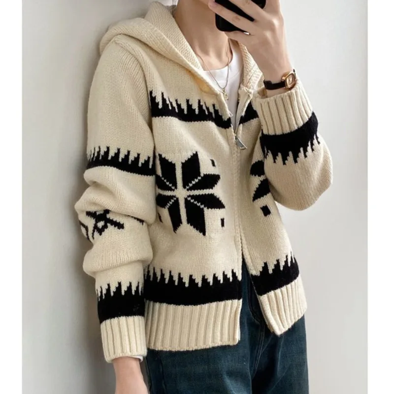 New Fashion Geometry Print Cardigan Women Autumn Winter Knitwear Sweaters Long Sleeve Zip Up Hoodies Top Coat Christmas Gifts