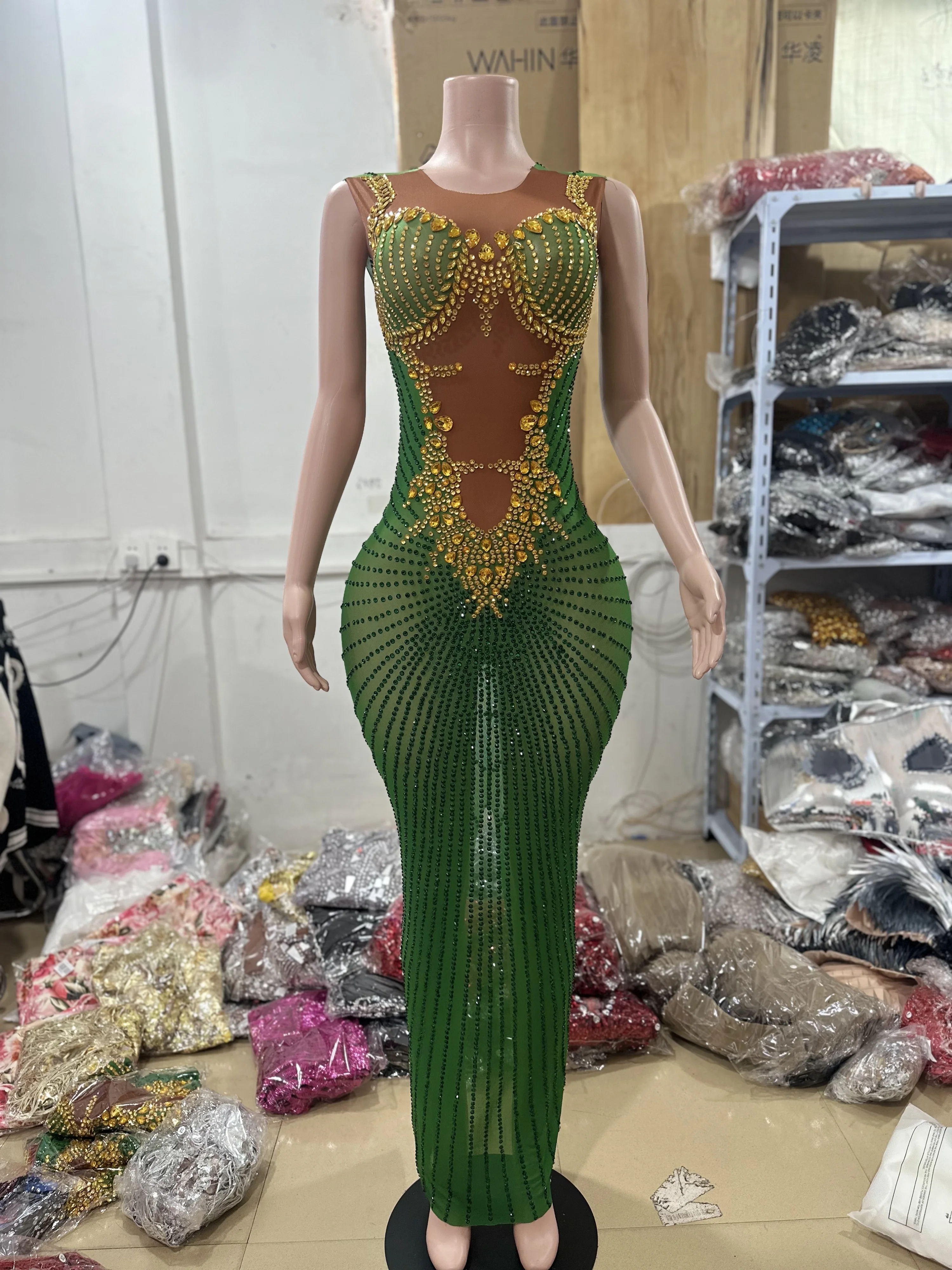 Sexy Shining Gold Rhinestones Transparent Green long Dress Evening Birthday Celebrate Party Dance Performance Photoshoot Costume