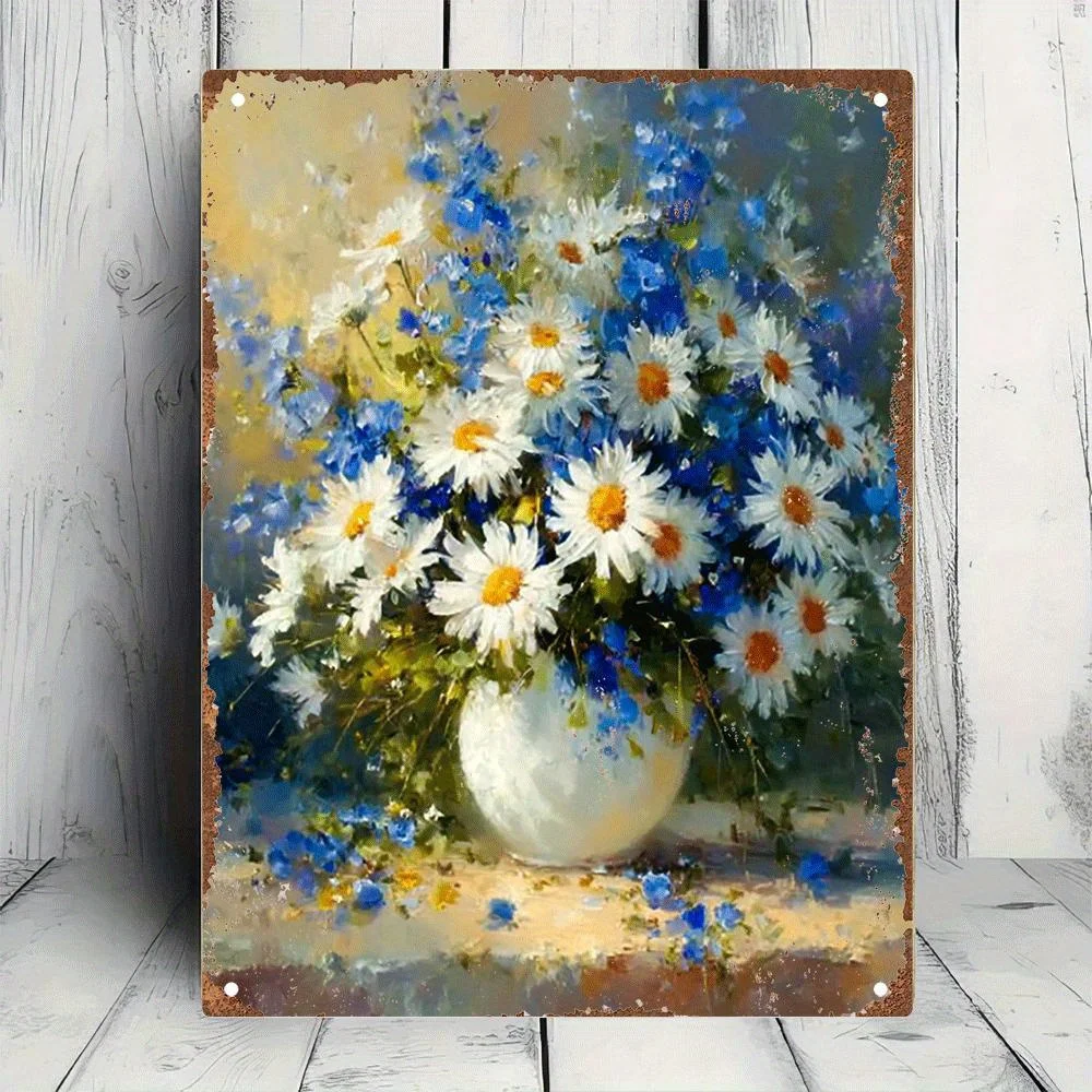 Vintage Sonnenblumen-Metallwandkunst, blaues Blumen-Blechschild für die Dekoration von Zuhause, Bar oder Café