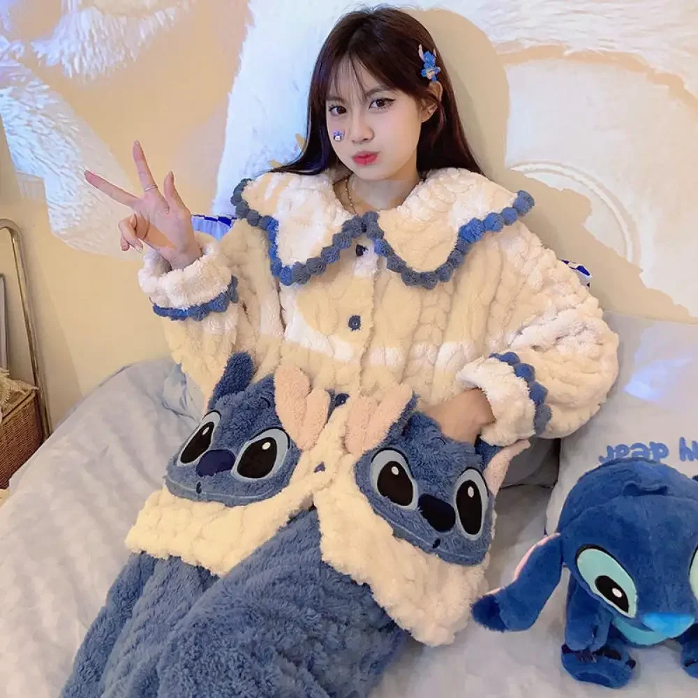 Conjunto de pijamas de terciopelo Coral de punto de Anime para mujer, conjunto de ropa cálida y gruesa para el hogar, Estilo Princesa de Disney, otoño e invierno