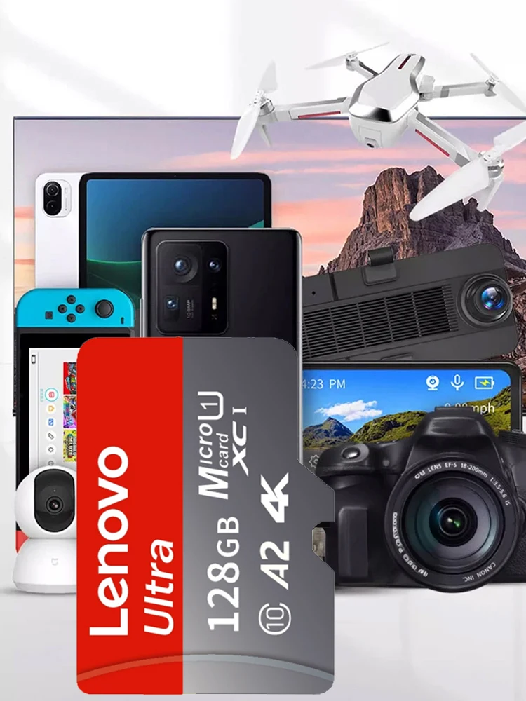 Karta pamięci Micro SD Lenovo o dużej przepustowości, 512 GB, do nagrywania wideo w jakości 4K Full HD, kompatybilna z telefonami i kamerami sportowymi GoPro, dostępne rozmiary: 64 GB, 128 GB, 256 GB. — 2