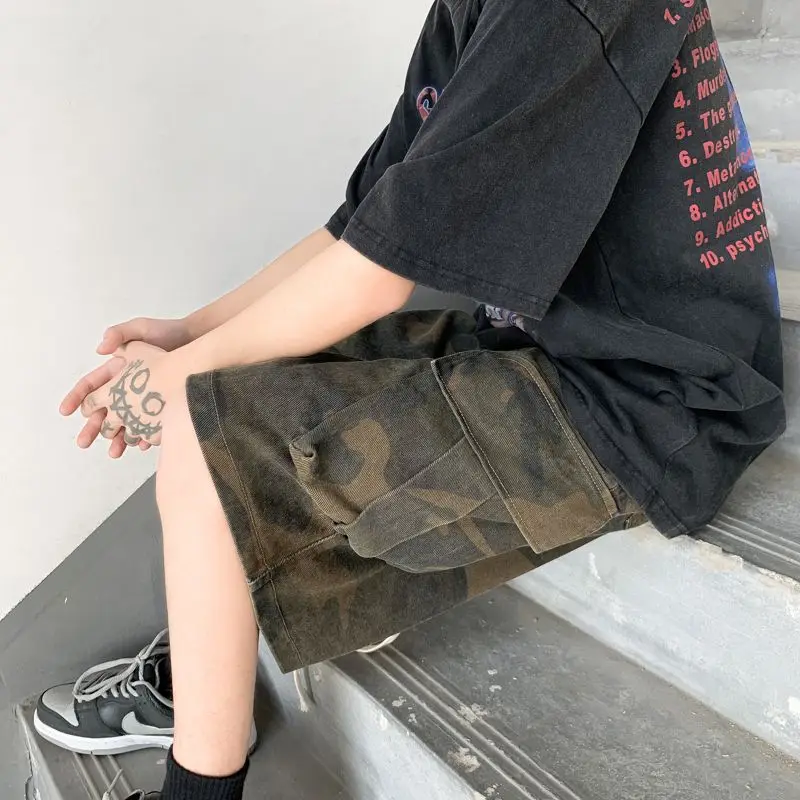 Fashion Camouflage Multiple Pockets Men's Cargo Shorts Classic Waist Drawcord Street Casual Loose Pure Cotton Handsome Short