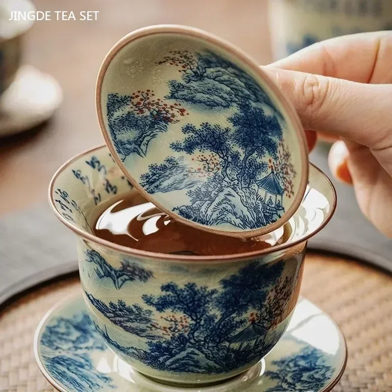 Exquisite Ice Crack Glaze Ceramic Teacup Handmade Beauty Gaiwan Vintage Chinese Tea Tureen High Grade Porcelain Tea Cups