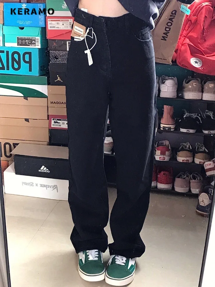 Jeans americani retrò a vita alta a figura intera Grunge Street tasche Hip-hop pantaloni larghi pantaloni Casual in Denim lavato nero da donna