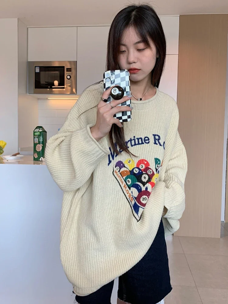 Korobov Autumn Lazy Lovely Sweater Cartoon Pattern Pullover Y2k Womens Clothing Korean Fashion Ropa De Mujer Loose Knitwears Top