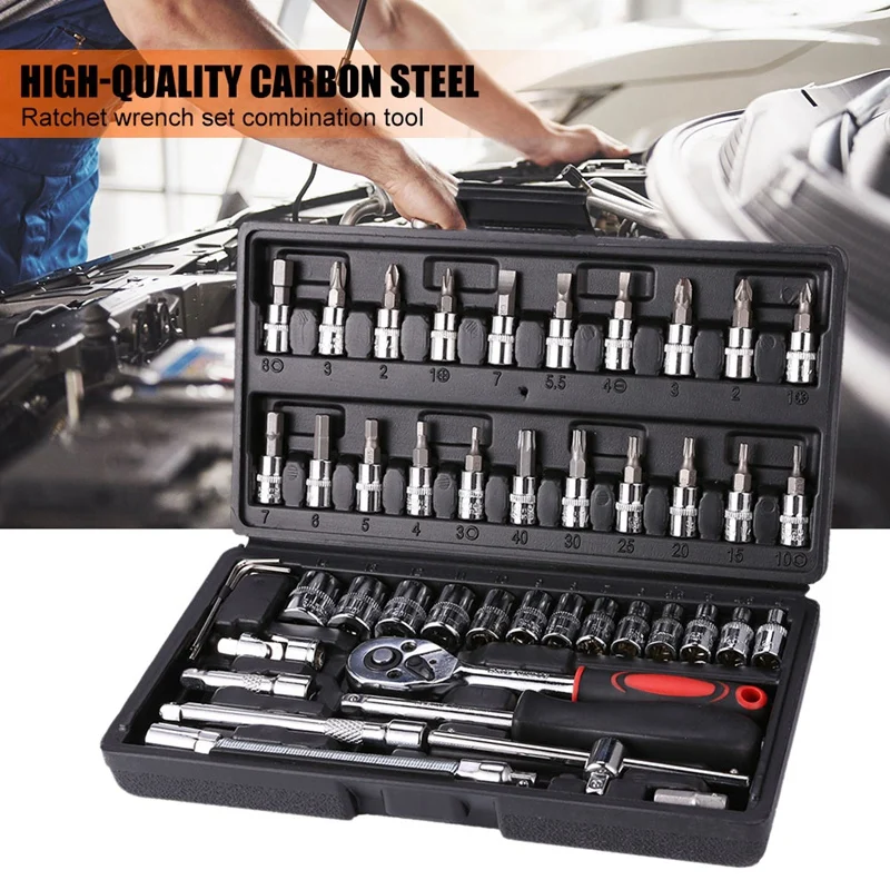 Top!-46Pcs Socket Ratchet Car Repair Tool Wrench Set Head Ratchet Pawl Socket Spanner Screwdriver Bike Repair Tool Kit