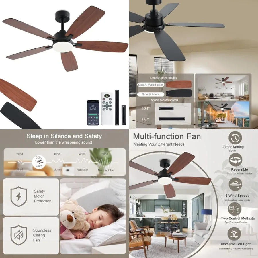 Ceiling Fans with Lights, Low Profile Ceiling Fan with Light and Remote/App Control, 2 Downrods, DC Reversible Motor, Noiseless