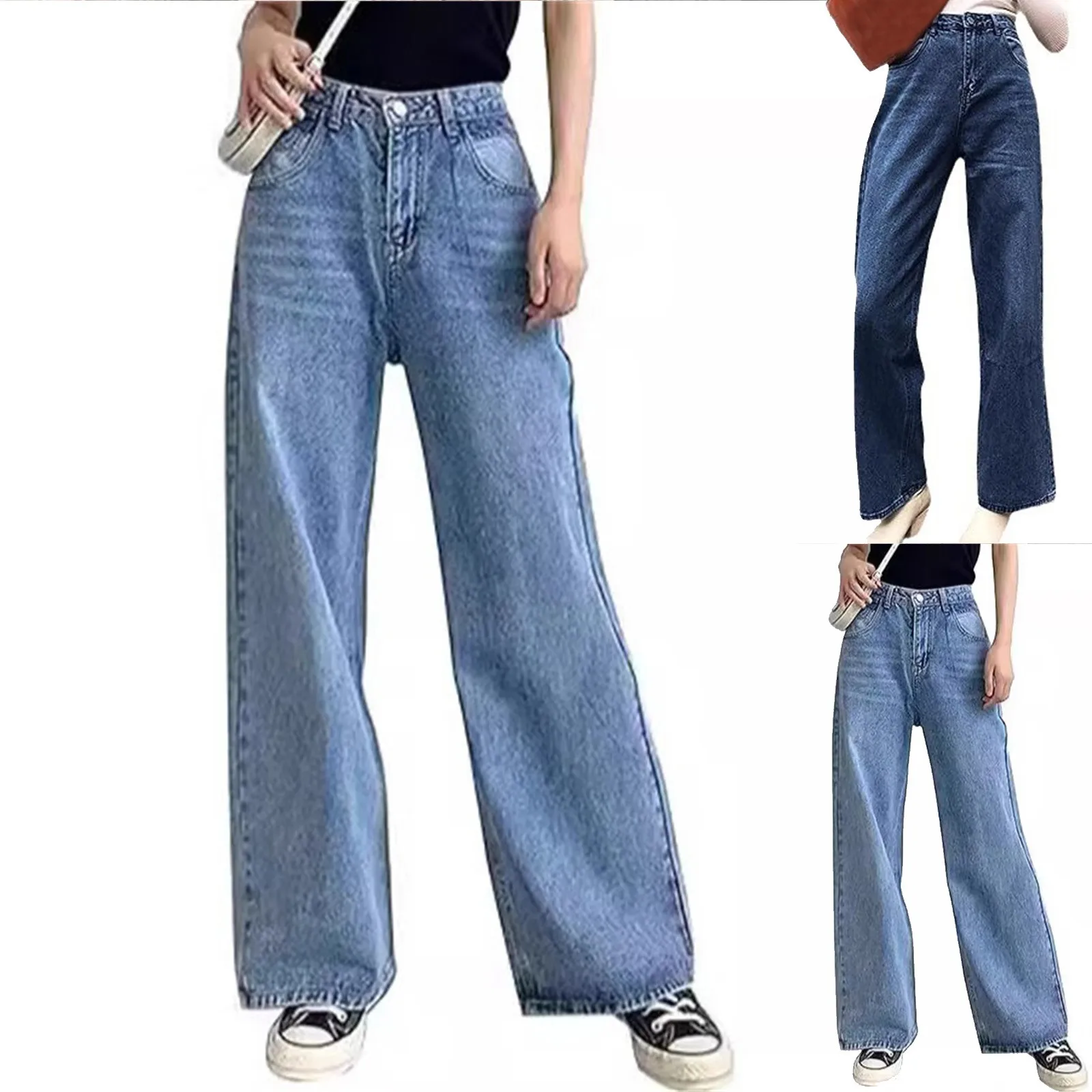 Autumn New Jeans Women'S Streetwear Washed Denim Pants Vintage Straight Trousers Casual Loose-Fit High-Waisted Wide Leg Jeans