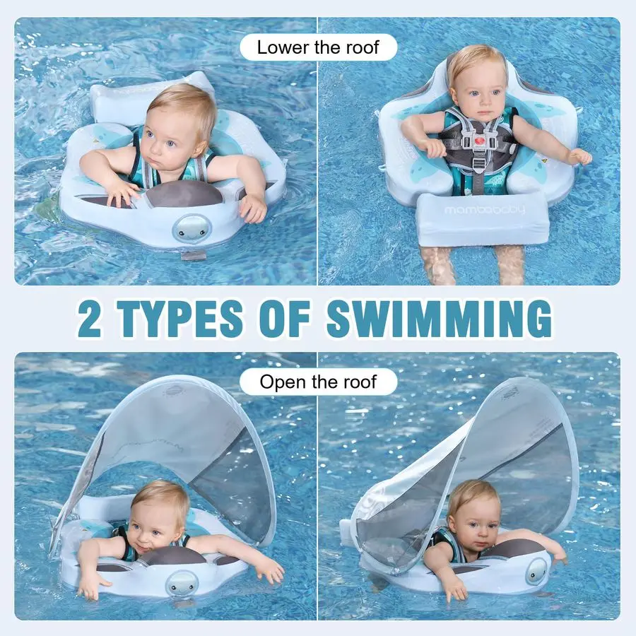 Flotador de piscina para bebé con dosel solar extraíble, flotador de natación infantil no inflable con diseño de cola antideslizante, amplificador impermeable SkinFriendl