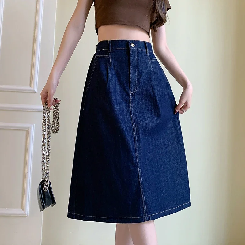 

Split Denim Skirts Woman High Waist Patchwork A Line Loose Casual Pocket Classic Mid-calf Length Skirt Female OL Mujer