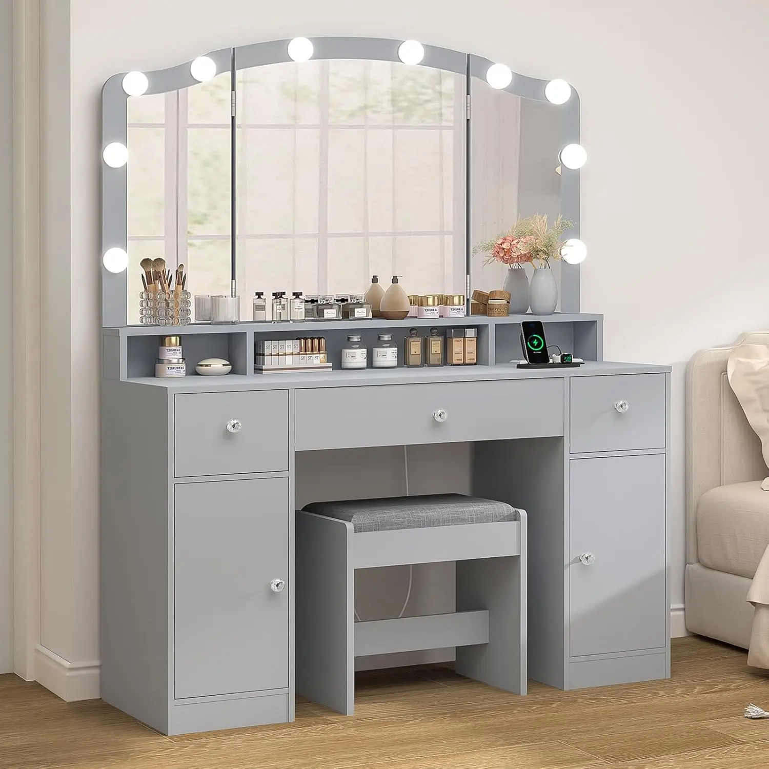 Vanity Desk with Triple Folding Mirror, Makeup Vanity with Power Outlet, Vanity Desk with 10 Lights, 3 Drawers & 2 Cabinets.